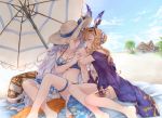  2girls bag barefoot beach bikini bikini_top blue_sky braid breasts brown_eyes brown_hair cleavage cloak cloud collarbone eyewear_on_head flower granblue_fantasy hair_bun hair_flower hair_ornament hairband hand_on_another&#039;s_arm hand_on_another&#039;s_hat hat highres large_breasts leg_strap limitless_skye long_hair looking_at_another multiple_girls navel palm_tree parasol satchel silva_(granblue_fantasy) silver_hair sitting sky song_(granblue_fantasy) straw_hat swimsuit tree twin_braids umbrella wrist_straps yellow_eyes yuri 