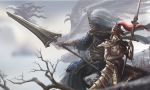 2boys armor bare_tree beak black_robe blurry blurry_background bracelet breastplate brown_scarf chinese_commentary closed_eyes cloud crown dark_souls dark_souls_iii dragon dragon_horns dragon_slayer_ornstein facing_away faulds feet_out_of_frame flying gauntlets gold_armor greaves hand_up helmet holding holding_spear holding_weapon horns jewelry knight long_hair male_focus mephisto_24 multiple_boys nameless_king open_mouth outdoors pauldrons plume polearm profile scale_armor scarf short_sleeves shoulder_armor sitting souls_(from_software) sparkle spear tree weapon western_dragon white_hair wide_sleeves 