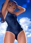  1girl arena_(company) armpits arms_up ass_visible_through_thighs blue_sky breasts cloud commentary_request competition_swimsuit covered_navel eyebrows_visible_through_hair from_below groin highres long_hair looking_at_viewer mu-pyon one-piece_swimsuit one-piece_tan open_mouth original outdoors purple_eyes purple_hair sky solo swimsuit tan tanline 