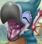  2019 aerithsnakey anthro avian beak bird black_beak blue_body blue_feathers bodily_fluids breath_of_the_wild close-up detailed_mouth eyelashes eyes_closed feathers grass kass_(tloz) male mouth_shot nintendo open_mouth outside pink_tongue portrait presenting_mouth rito saliva sky smile solo the_legend_of_zelda tongue uvula video_games 