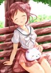  1girl angora_rabbit animal animal_on_lap bench blush bow brown_hair brown_skirt bunny closed_eyes dated double_bun facing_viewer floral_print gochuumon_wa_usagi_desu_ka? highres natsu_megumi open_mouth park_bench pleated_skirt print_skirt sailor_collar see-through shirt short_sleeves signature sitting sitting_on_bench skirt tippy_(gochiusa) tree wet wet_clothes wet_shirt white_bow white_sailor_collar white_shirt zenon_(for_achieve) 