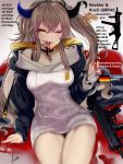  1girl arm_support bangs blood blue_nails blush breasts bridal_gauntlets brown_hair character_doll choker cleavage coat collarbone commentary dress earrings english_commentary english_text eyebrows_visible_through_hair eyeshadow german_flag girls_frontline gun h&amp;k_ump45 hair_between_eyes hair_ornament hairband hand_up heart heart_earrings highres hooded_coat horns jewelry licking_lips long_hair looking_at_viewer makeup medium_breasts nail_polish off-shoulder_dress off_shoulder one_side_up open_clothes open_coat photoshop_(medium) piukute062 pool_of_blood scar scar_across_eye sidelocks signature single_strap sitting smile sweater sweater_dress tongue tongue_out ump45_(girls_frontline) ump9_(girls_frontline) very_long_hair watch weapon yellow_eyes 