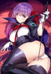  1girl 92m ass bangs bb_(fate)_(all) bb_(fate/extra_ccc) black_coat black_skirt blush breasts closed_mouth coat fate/extra fate/extra_ccc fate_(series) gloves hair_ribbon high-waist_skirt highres holding holding_wand large_breasts leotard long_hair long_sleeves looking_at_viewer lying neck_ribbon on_side open_clothes open_coat popped_collar purple_eyes purple_hair red_ribbon ribbon skirt smile thighs very_long_hair wand white_gloves white_leotard wide_sleeves 