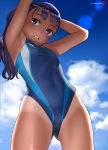  1girl armpits arms_up ass_visible_through_thighs blue_sky breasts cloud commentary_request competition_swimsuit covered_navel eyebrows_visible_through_hair highres long_hair looking_at_viewer mu-pyon one-piece_swimsuit one-piece_tan open_mouth original outdoors purple_eyes purple_hair sky solo swimsuit tan tanline 