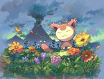  :3 closed_eyes closed_mouth cloud commentary_request flower gen_3_pokemon no_humans orange_flower outdoors petals pokemon pokemon_(creature) sen_pic silhouette skitty sky smile volcano yellow_flower 