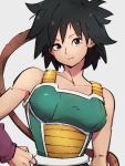  1girl black_hair brown_eyes closed_mouth collarbone dragon_ball dragon_ball_super dragon_ball_super_broly gine grey_background hand_on_hip kemachiku looking_at_viewer monkey_tail short_hair simple_background smile solo tail 