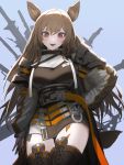  1girl :d animal_ears arknights bangs blush breasts brown_hair ceobe_(arknights) dog_ears eyebrows_visible_through_hair fang gugugu hair_between_eyes hand_on_hip highres holding jacket large_breasts long_hair looking_at_viewer open_mouth red_eyes smile solo tail thighhighs thighs very_long_hair weapon 