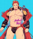  1boy abs bara blue_eyes blush briefs brown_hair bulge cape chest collar cowboy_shot epaulettes facial_hair fate/grand_order fate_(series) fringe_trim goatee highres jacket long_sleeves looking_at_viewer male_focus male_underwear manly military military_uniform muscle napoleon_bonaparte_(fate/grand_order) navel nipples open_clothes open_jacket open_mouth patreon_username pectorals scar short_hair sideburns smile solo thick_thighs thighs torn_cape torn_clothes unbuttoned underwear uniform yuufreak 