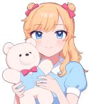  1girl bangs blonde_hair blue_eyes blue_shirt blush bow cho628 closed_mouth commentary_request double_bun dress eyebrows_visible_through_hair face hair_bow highres holding holding_stuffed_animal idolmaster idolmaster_cinderella_girls long_hair looking_at_viewer ootsuki_yui pink_bow puffy_short_sleeves puffy_sleeves red_bow shirt short_sleeves simple_background smile solo stuffed_animal stuffed_toy teddy_bear upper_body white_background 