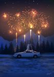  2020 ambiguous_gender anthro canid canine car clothed clothing detailed_background duo fireworks fur hi_res light lighting mammal mountain night sitting sky snow snowfoxatheart star supra toyota tree vehicle white_body white_fur 