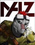  anthro armor clenched_teeth clothed clothing eyewear glasses green_eyes grey_body hair lizard male red_hair reptile saruuk scalie simple_background solo teeth 