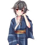  1girl black_hair blue_kimono braid closed_mouth collarbone eyebrows_visible_through_hair hair_ornament japanese_clothes jingei_(kantai_collection) kantai_collection kimono long_hair obi red_eyes sash simple_background single_braid solo u0709 upper_body white_background yukata 