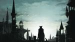  1other ambiguous_gender arms_at_sides bell bloodborne building cityscape cloud cloudy_sky coat commentary copyright_name day facing_away from_behind gun hat highres holding holding_gun holding_weapon hunter_(bloodborne) outdoors saw_cleaver scenery sky standing tower tricorne tripdancer weapon 