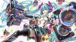  1girl aqua_eyes aqua_hair aqua_neckwear bangs black_legwear boots breasts cleavage_cutout detached_sleeves eyebrows_visible_through_hair hatsune_miku headset highres long_hair looking_at_viewer medium_breasts necktie open_mouth pinakes shiny shiny_clothes solo thigh_boots thighhighs twintails very_long_hair vocaloid 