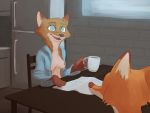  2020 4:3 ambiguous_gender anthro breasts canid canine chair clothed clothing detailed_background dipstick_ears disney duo female fox fridge fur furniture holding_cup holding_object inside kitchen light lighting male_(lore) mammal mrs._wilde multicolored_ears nick_wilde nipples open_clothing open_mouth open_shirt open_smile open_topwear orange_body orange_fur red_fox shirt sitting smile table tggeko topwear window zootopia 