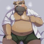  1:1 2014 anthro belly blush bodily_fluids brown_body brown_fur bulge canid canine canis clothed clothing domestic_dog emufu fur genital_fluids kemono male mammal moobs nipples open_clothing open_shirt open_topwear overweight overweight_anthro overweight_male precum shirt sitting solo topwear underwear 