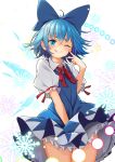  .sin 1girl blue_bow blue_dress blue_eyes blue_hair bow cirno closed_mouth collared_shirt cowboy_shot dress hair_bow highres ice ice_wings looking_at_viewer neck_ribbon one_eye_closed puffy_short_sleeves puffy_sleeves red_neckwear ribbon shirt short_hair short_sleeves simple_background sleeveless sleeveless_dress smile solo tongue tongue_out touhou white_background white_shirt wing_collar wings 