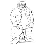  1:1 2014 anthro belly bottomwear bulge canid canine canis clothed clothing domestic_dog emufu kemono male mammal monochrome open_clothing open_shirt open_topwear overweight overweight_anthro overweight_male pants shirt simple_background solo topwear underwear white_background 