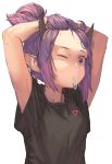  1girl absurdres arknights arms_up black_shirt commentary forehead hair_tie_in_mouth highres horns huge_filesize innochan lava_(arknights) looking_at_viewer mouth_hold one_eye_closed purple_eyes purple_hair shirt short_hair short_sleeves simple_background solo upper_body white_background 