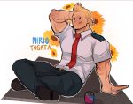  1boy :p bara blonde_hair blue_eyes boku_no_hero_academia can crossed_legs floral_background flower full_body hand_behind_head happy highres male_focus muscle necktie pants scar shirt shoes short_hair smile solo spiked_hair stormcallart sunflower tongue tongue_out toogata_mirio 