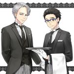  2boys black_hair blazer blue-framed_eyewear blue_eyes brown_eyes butler collared_shirt glasses gloves hair_slicked_back jacket katsuki_yuuri male_focus multiple_boys necktie shirt silver_hair smile viktor_nikiforov waistcoat white_gloves yamano_uzura yuri!!!_on_ice 