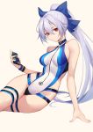  1girl arm_support artist_name bare_shoulders blue_ribbon breasts cellphone commentary_request fate/grand_order fate_(series) hair_between_eyes hair_ribbon holding holding_phone long_hair medium_breasts mitsudomoe_(shape) multicolored multicolored_clothes multicolored_swimsuit phone ponytail red_eyes ribbon sakanasoko simple_background smartphone smile solo swimsuit thigh_strap tomoe_(symbol) tomoe_gozen_(fate/grand_order) tomoe_gozen_(swimsuit_saber)_(fate) white_background white_hair 