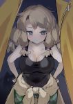  1girl blonde_hair blue_eyes blush breasts calenda_(kemono_friends) cleavage collarbone eyebrows_visible_through_hair hands_on_hips highres ichi001 kemono_friends kemono_friends_3 large_breasts long_hair looking_at_viewer lucky_beast_(kemono_friends) messy_hair sweatdrop tank_top 