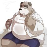  1:1 2016 anthro belly brown_body brown_fur canid canine canis clothed clothing domestic_dog emufu fur kemono male mammal open_clothing open_shirt open_topwear overweight overweight_anthro overweight_male shirt sitting smoking solo topwear underwear 