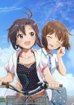  2girls ^_^ absurdres antenna_hair arm_around_waist black_hair blush brown_hair closed_eyes hagiwara_yukiho highres idolmaster idolmaster_(classic) kikuchi_makoto multiple_girls nana_(user_spdm5355) outdoors polka_dot riding_bicycle short_hair smile 