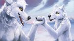  2015 ambiguous_gender anthro arctic_fox arctic_wolf black_nose canid canine canis cheek_tuft duo facial_tuft fangs fluffy fox fur hand_holding head_tuft hi_res inner_ear_fluff looking_at_another mammal nude open_mouth open_smile outside smile snow snowfoxatheart teeth tongue tongue_out tuft whiskers white_body white_fur wolf yellow_eyes 