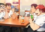  5boys angry black_hair blue_hair brown_hair cafe drinking_straw facial_hair glasses goatee highres kengo_(tokyo_houkago_summoners) male_focus manly master_3_(tokyo_houkago_summoners) multiple_boys muscle pants red_hair ruizu_(takakisan503) ryota_(tokyo_houkago_summoners) scar shiro_(tokyo_houkago_summoners) short_hair sipping thick_eyebrows toji_(tokyo_houkago_summoners) tokyo_houkago_summoners upper_body 