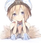  1girl absurdres bare_shoulders blanc blue_eyes blush brown_hair buran_buta dress hair_between_eyes hand_on_own_cheek highres looking_at_viewer neptune_(series) ribbon short_hair solo white_dress 