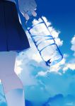  1girl achiki blue_skirt bottle close-up holding holding_bottle mountain original scenery signature skirt sky water water_bottle 