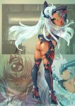  1girl ass breasts cyborg dark_skin elbow_gloves from_behind full_body gloves high_heels highres leotard long_hair momomoxeno multiple_views silver_hair t-elos thighhighs very_long_hair xenosaga 