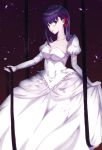  1girl bangs breasts cleavage closed_mouth collarbone dress elbow_gloves fate/stay_night fate_(series) gloves hair_ribbon haraitai highres lipstick long_dress long_hair looking_at_viewer makeup matou_sakura medium_breasts purple_eyes purple_hair red_ribbon ribbon shiny shiny_hair short_sleeves solo standing white_dress white_gloves 