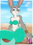  2020 absurd_res amazinggwen anthro beach beverage_can bra breasts buckteeth clothed clothing cloud disney female fur grey_body grey_fur hi_res hybrid judy_hopps lagomorph leporid mammal marine merfolk navel outside purple_eyes rabbit seaside sky smile solo standing teeth underwear zootopia 