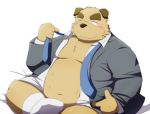  2015 anthro belly blush brown_body brown_fur canid canine canis clothed clothing domestic_dog emufu fur kemono male mammal necktie one_eye_closed open_clothing open_shirt open_topwear overweight overweight_anthro overweight_male shirt simple_background sitting solo topwear white_background wink 