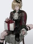  1boy black_legwear blonde_hair chair corset cravat garters gift green_eyes hair_over_one_eye hat kneehighs male_focus mini_hat mini_top_hat shorts sitting sock_garters top_hat twitter_username yamano_uzura yuri!!!_on_ice yuri_plisetsky 