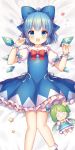  1girl :d ahoge bangs bed_sheet bloomers blue_bow blue_dress blue_eyes blue_hair blue_wings blush bow character_doll cirno collared_shirt daiyousei dakimakura detached_wings dress eyebrows_visible_through_hair feet_out_of_frame frilled_dress frilled_shirt_collar frills hair_bow ice ice_wings lying on_back open_mouth pjrmhm_coa puffy_short_sleeves puffy_sleeves red_bow shirt short_hair short_sleeves sleeveless sleeveless_dress smile solo touhou underwear white_bloomers white_shirt wings wrist_cuffs 