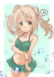  1girl anger_vein aqua_background artist_name bikini bikini_skirt border cowboy_shot dated double_bun droplet frilled_bikini frills fyuo green_bikini highres kantai_collection kasumi_(kantai_collection) light_brown_hair looking_at_viewer michishio_(kantai_collection) navel short_hair short_twintails solo spoken_anger_vein standing swimsuit twintails two-tone_background white_border yellow_eyes 