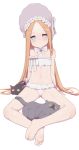  1girl abigail_williams_(fate/grand_order) abigail_williams_(swimsuit_foreigner)_(fate) animal barefoot bikini blonde_hair blue_eyes bonnet bow cat closed_mouth commentary_request eyebrows_visible_through_hair fate/grand_order fate_(series) forehead full_body highres long_hair looking_at_viewer maidforge sitting soles solo swimsuit white_bikini white_bow 