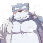  1:1 2015 anthro belly blush bodily_fluids canid canine canis clothed clothing domestic_dog emufu kemono male mammal musk open_clothing open_shirt open_topwear overweight overweight_anthro overweight_male shirt simple_background solo sweat topwear white_background 