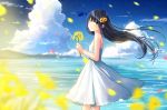  1girl bangs black_hair blue_sky closed_mouth cloud commentary_request cumulonimbus_cloud day dress eyebrows_visible_through_hair flower hair_blowing hair_flower hair_ornament head_tilt highres holding holding_flower kazuharu_kina long_hair looking_at_viewer mountainous_horizon ocean original outdoors petals sky smile solo standing sundress white_dress yellow_eyes yellow_flower 