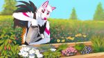  16:9 2019 anthro avian bird canid canine canis chicken clothed clothing detailed_background flower fur galliform gallus_(genus) garden hi_res hybrid male mammal outside phasianid plant shirt signature sky snowfoxatheart solo standing tank_top topwear tree water watering_can white_body white_fur widescreen wolf 