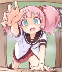 1girl :d all_fours aqua_eyes arm_support bangs black_legwear blunt_bangs collarbone commentary_request crazy_eyes eyebrows_visible_through_hair hair_bobbles hair_ornament hand_on_floor kneeling looking_at_viewer nanamori_school_uniform open_hand open_mouth outstretched_arm pink_eyes pontasu school_uniform serafuku shiny shiny_hair short_sleeves smile socks solo sweat sweatdrop twintails yoshikawa_chinatsu yuru_yuri 