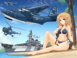  1girl aircraft airplane battleship bikini blonde_hair blue_bikini blue_eyes blue_sky breasts cannon day flying_boat helicopter highres large_breasts long_hair mikeran_(mikelan) military military_vehicle navel original outdoors palm_tree ship side-tie_bikini sitting sky smile solo swimsuit tree turret united_states_navy uss_montana_(bb-67) warship watercraft 