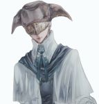  1girl bloodborne blue_ribbon blue_scarf cloak closed_mouth commentary_request covered_eyes eye_mask facing_viewer gem gloves grey_background hat itsuki_(itsukiovo) lips red_lips ribbon scarf simple_background sketch solo upper_body white_cloak yurie_the_last_scholar 