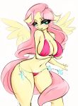  anthro bedroom_eyes big_breasts bikini breasts cleavage clothed clothing equid equine female fluttershy_(mlp) friendship_is_magic haokan hasbro horse inner_ear_fluff mammal my_little_pony narrowed_eyes navel pegasus pinup pony pose seductive simple_background sketch smile solo swimwear tuft wings 