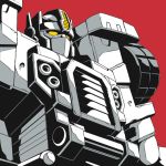  autobot ground_vehicle kamizono_(spookyhouse) limited_palette mask mecha monochrome motor_vehicle no_humans optimus_prime red_background solo solo_focus tire transformers transformers_armada truck yellow_eyes 
