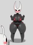  3:4 absurd_res anthro arthropod belly big_breasts bikini bikini_bottom bikini_top blush bodily_fluids breasts butt_from_the_front clothing curvy_figure duo embarrassed female grinn hi_res hollow_knight hornet_(hollow_knight) insect male motion_lines navel overweight protagonist_(hollow_knight) red_bikini sweat sweatdrop swimwear team_cherry thick_thighs tight_clothing vessel_(species) video_games wide_hips wide_thighs 